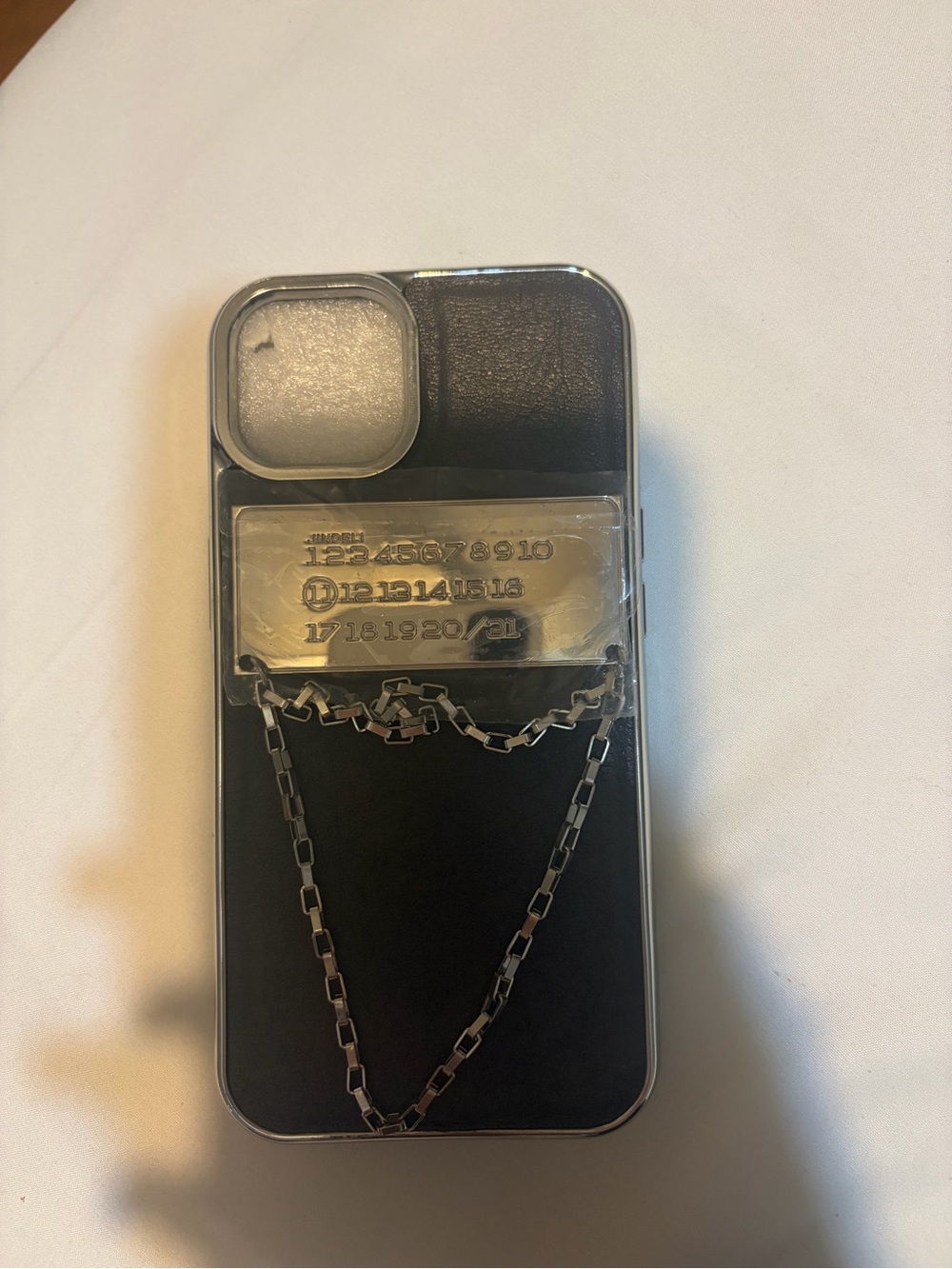 Dark Grey leather Phone Case with Silver Chain Accent - Number chart